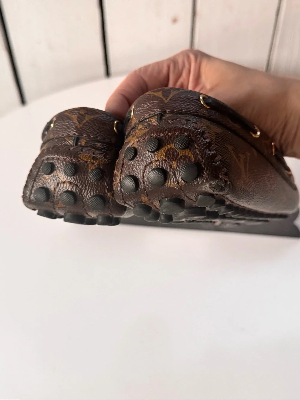 Louis Vuitton Brown Monogram Gloria Driving Moccasins with Gold Accents